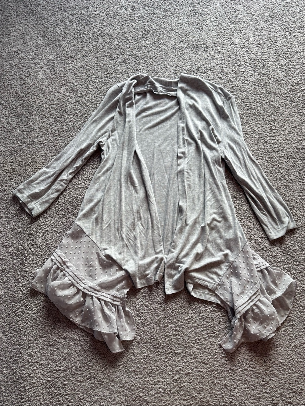 Light Grey Cardigan with Polka Dot Ruffle Hem